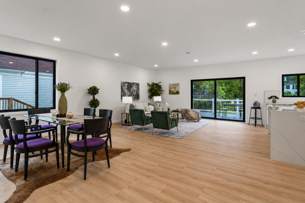 Staged rental property Washington DC open living and dining area with modern furniture and natural light