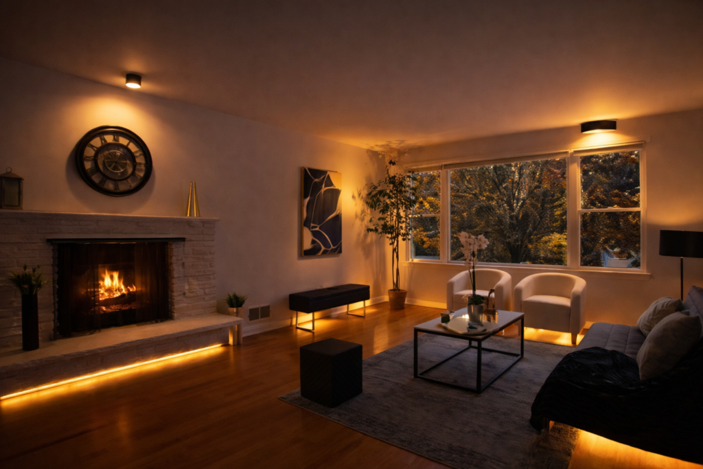 Warm evening living room with fireplace, ambient lighting, large windows, and modern neutral furniture