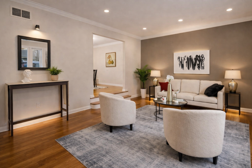 Modern staged living room with beige sofa, two cream accent chairs, gray area rug, hardwood floors, and neutral decor with warm lighting