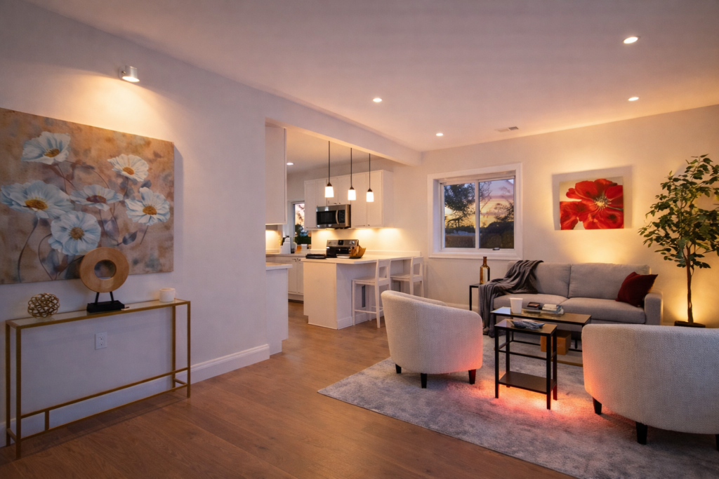 Warm evening living room and kitchen with soft lighting, neutral furniture, and staged decor in an open concept layout