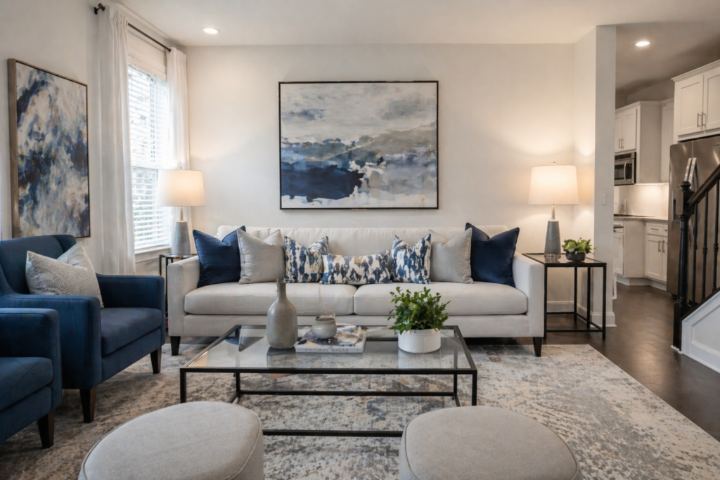 Blue home staging Washington DC living room with modern furniture, neutral tones, and natural light