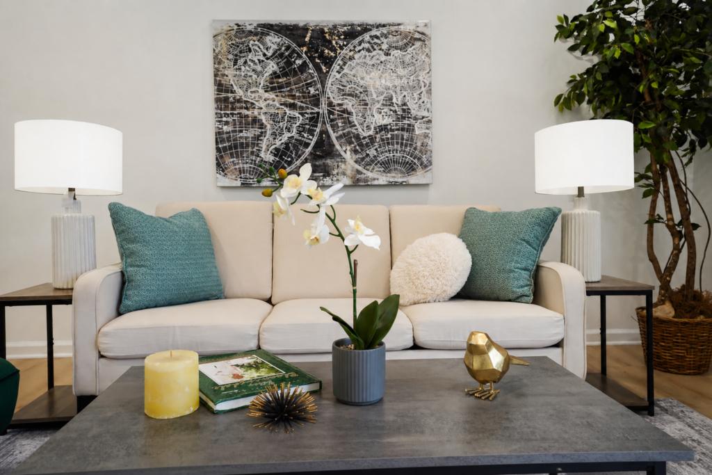 modern living room with beige sofa, teal pillows, coffee table decor, and wall art