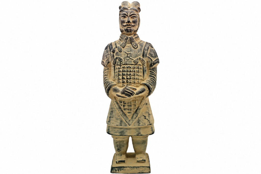 Terracotta warrior statue with aged texture and detailed armor on a white background