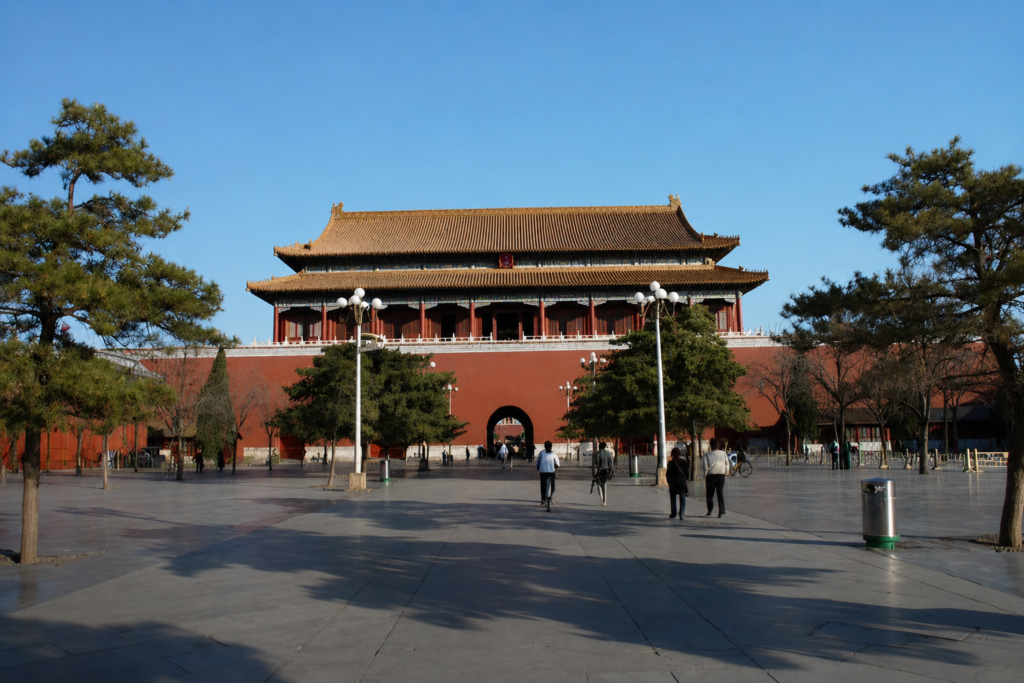 Wide view of red walls and traditional architecture inside the Forbidden City in Beijing China