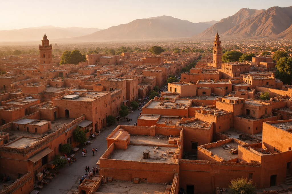 Aerial view of Marrakech Morocco showing coral red buildings and rooftops across the city
