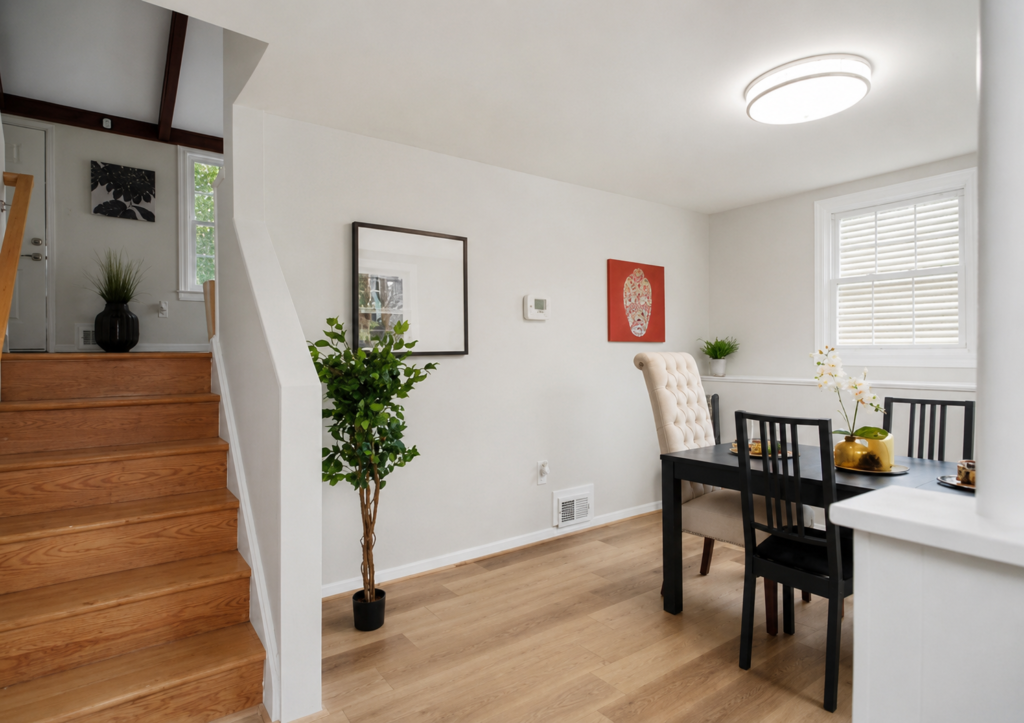 Dining area with staircase, wood flooring, neutral walls, and modern staging with natural light
