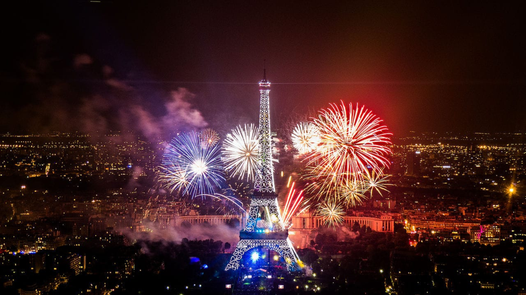 Bastille Day fireworks over the Eiffel Tower in Paris France celebrating French national day