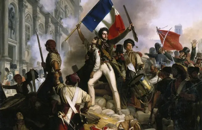 Historical painting depicting the French Revolution with soldiers and French flag
