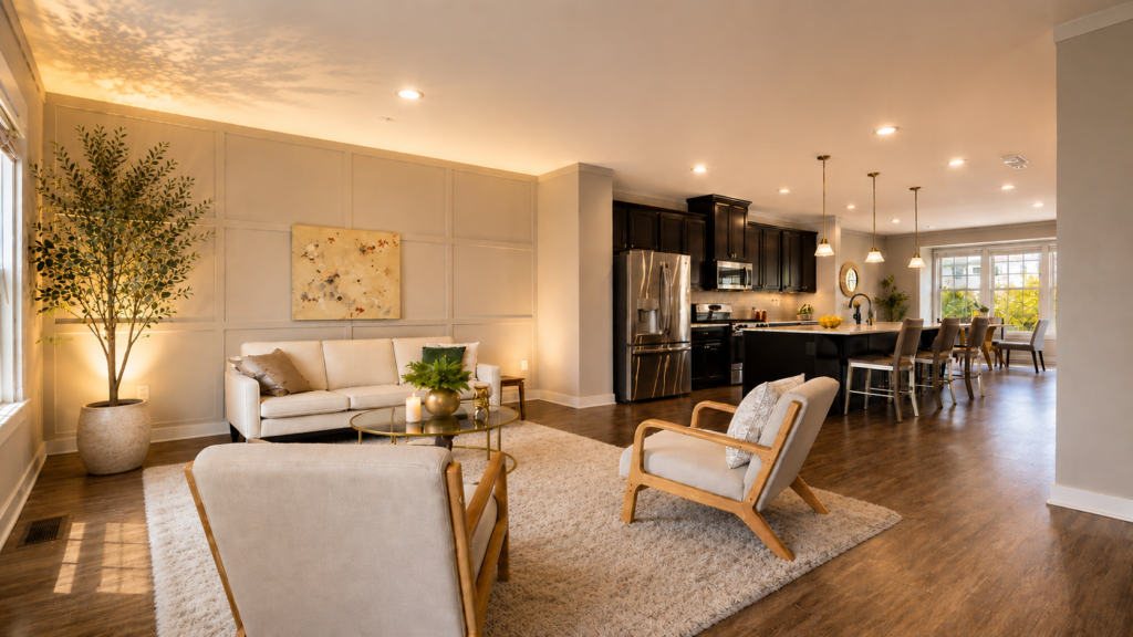 Staged open plan living room and kitchen after professional staging at 5722 Richmanor Terrace Upper Marlboro Maryland