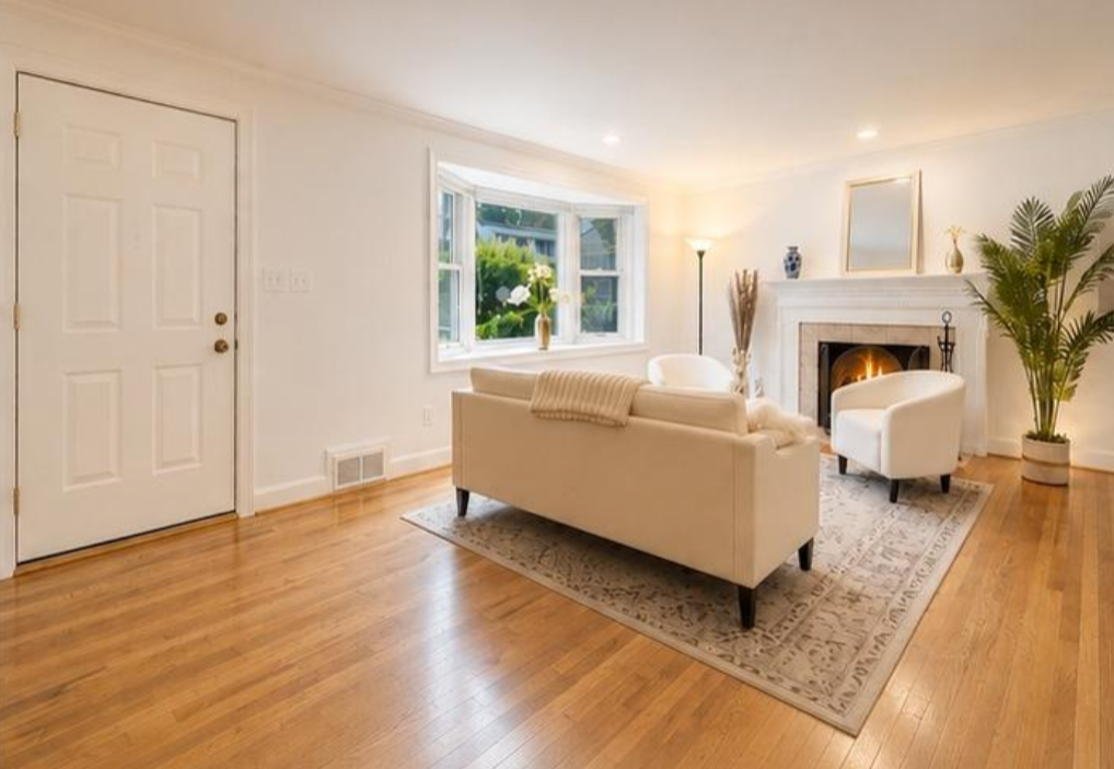 Professionally staged living room at 3603 Faircastle Drive Chevy Chase MD, home staging DC metro area by Harvard Home Services