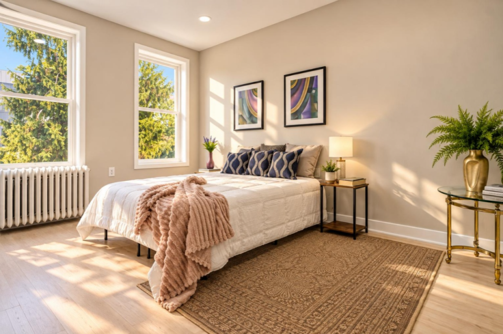 Staged bedroom at 3220 Warder Street NW Washington DC with intentional imperfections by Harvard Home Services