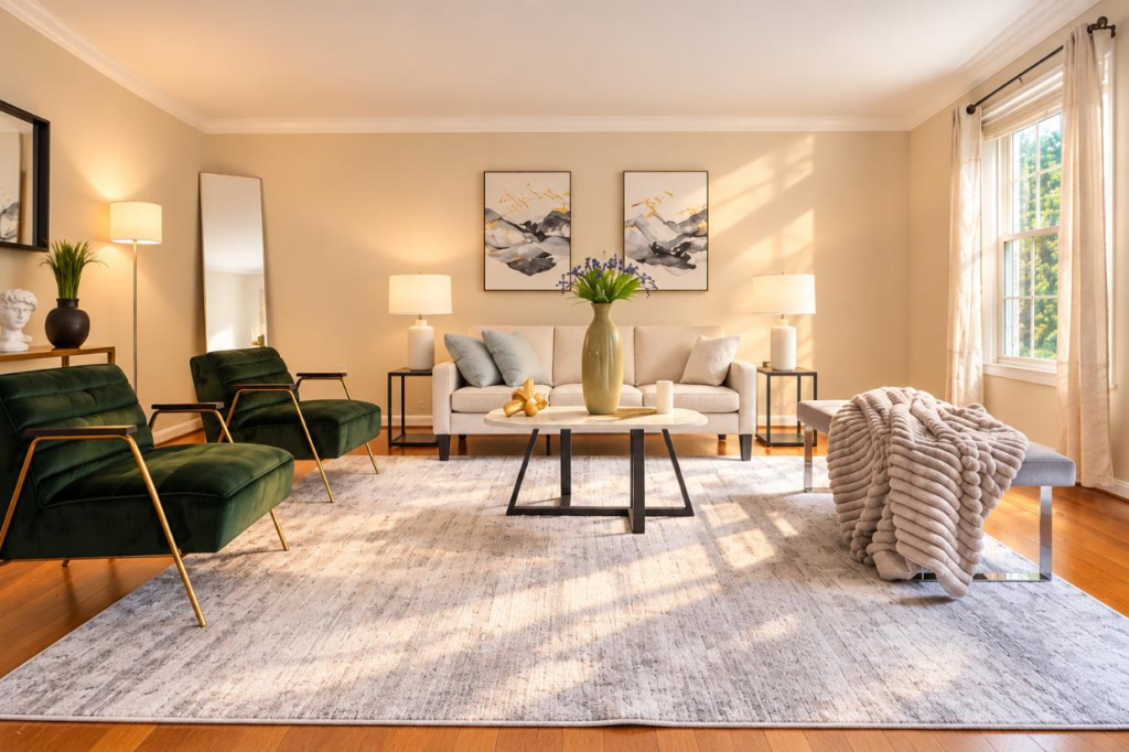 Professionally staged living room Washington DC metro area with statement mirror by Harvard Home Services